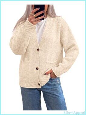 Women's Chunky Cropped Cardigan V-Neck Button Down Oversized Sweater